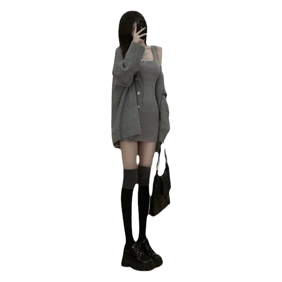 Свитер, трикотажное платье, костюм из двух частей, Женская осенне-зимняя юбка для девочек, маленькая юбка-хип, внутренняя базовая юбка-слип