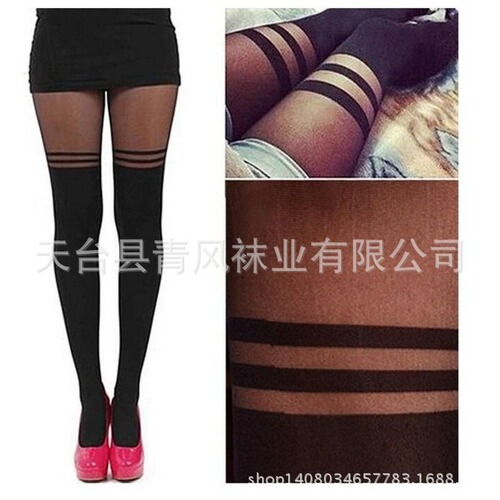 Spring College Style Striped Splicing Socks Fake High-Top Tights Fake Thigh-High Stockings Base Silk Stockings Black Horizontal Stripes