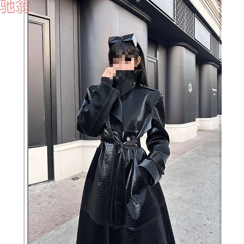 T8Y Black Dyed Miekevv City Hunter Black Leather Trench Coat for Women, Spring and Autumn, Oversized Elegant Long Coat T8Y Black Dyed Miekevv City Hunter Black Leather Trench Coat for Women, Spring and Autumn, Oversized Elegant Long Coat