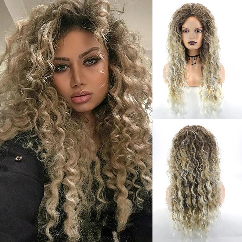 Women's Curly Wig Long Fluffy Synthetic Wavy Hair Gradient Blonde Charming Party Wig Synthetic Fiber Wig