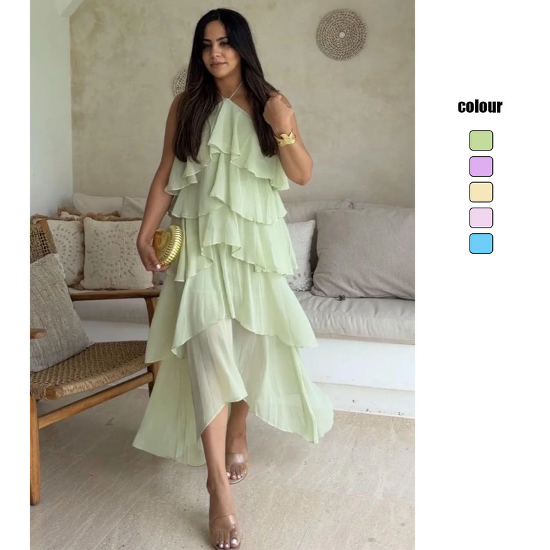 In Stock 2607 Spring/Summer New European and American Cross-Border Elegant Ruffled Halter Neck Solid Color Tiered Chiffon Dress In Stock 2607 Spring/Summer New European and American Cross-Border Elegant Ruffled Halter Neck Solid Color Tiered Chiffon Dress
