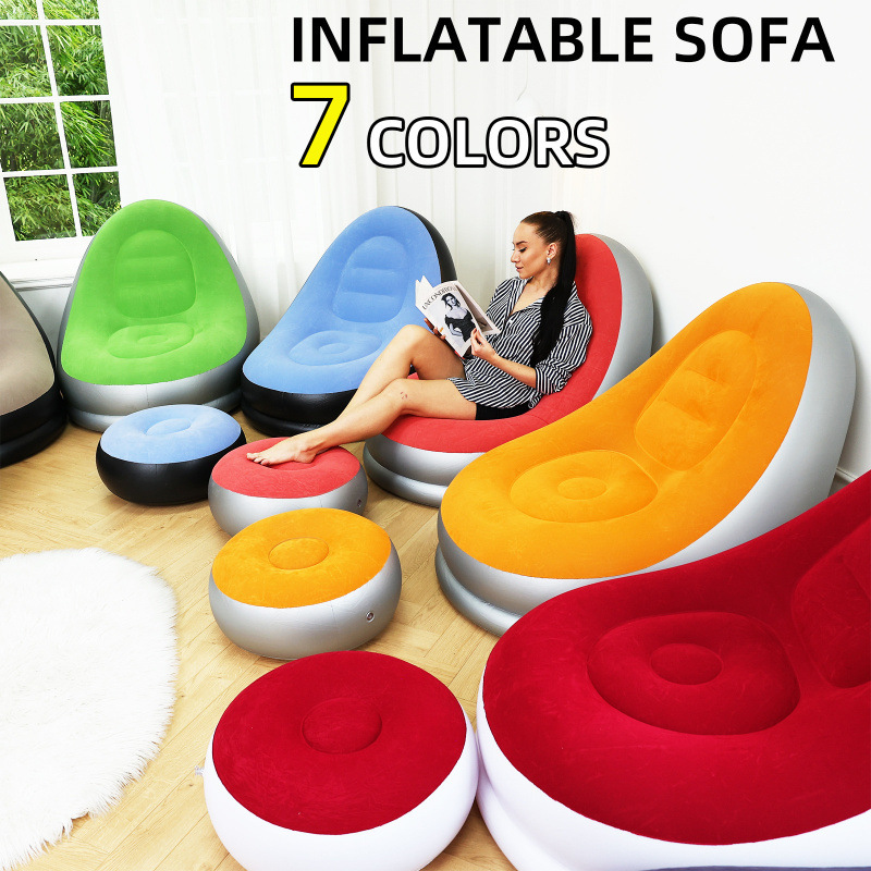 Cross-Border Inflatable Lazy Sofa Two-Piece Set with Foot Pedal Macaron Flocked Sofa Lounge Chair Leisure Inflatable Sofa