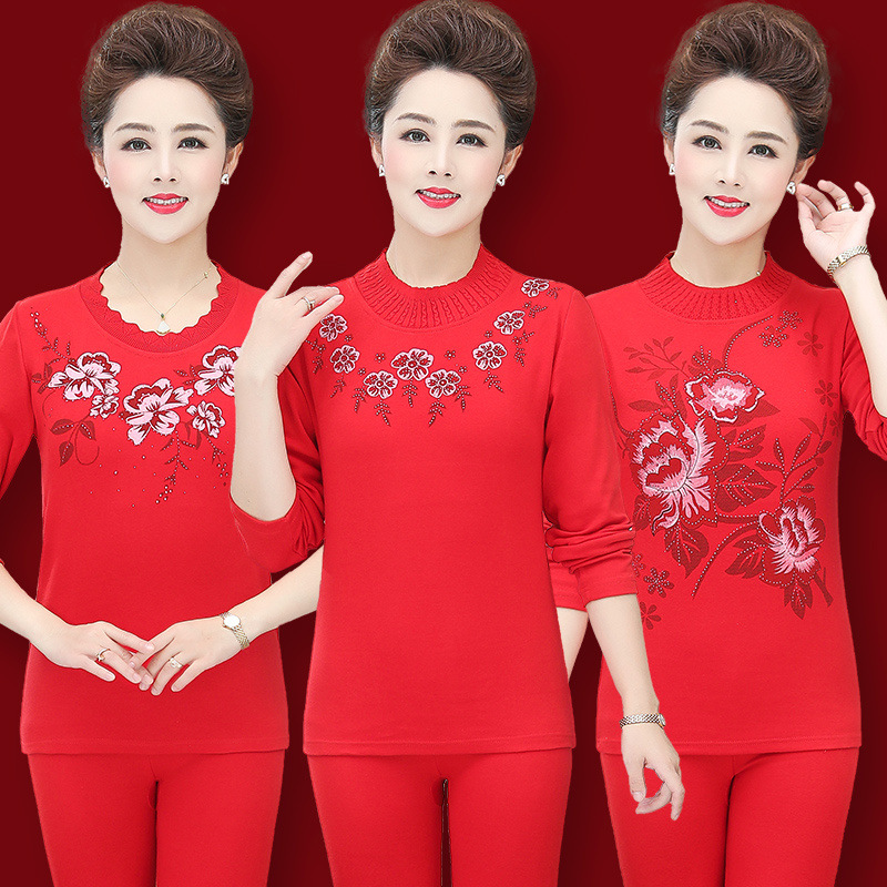 동물의 어머니의 해 큰 빨간 따뜻한 속옷 세트 여성 노인 두꺼운 가을 옷 가을 바지 중년 및 노인