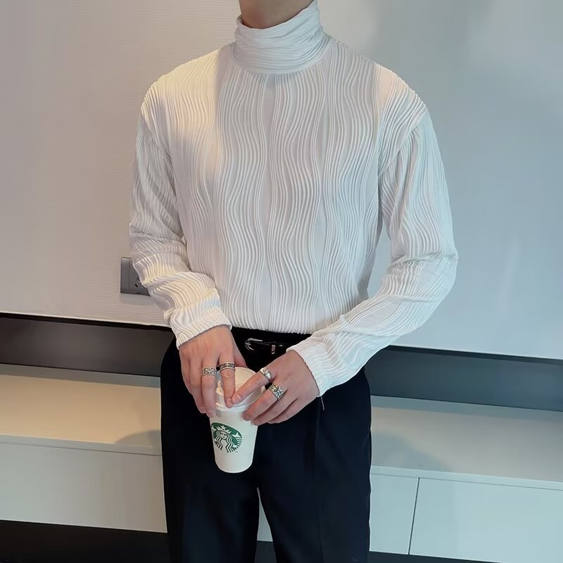 순면 하이넥 이너웨어 남성용 고급스러운 느낌의 가을 겨울용 셔츠, 캐주얼하고 드레이프한 루즈핏 주름 티셔츠