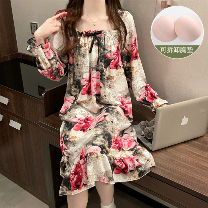 Pijama de mujer de verano dulce chaleco de cinturón de pecho tejido de algodón espuma tela arrugada pijama de mujer de verano vestido lindo