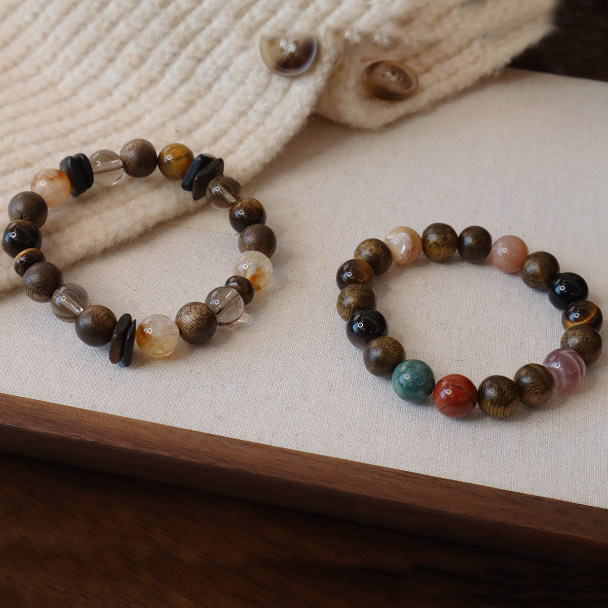 Natural Wooden Bracelets, Wooden Beads, Multi-Treasure Sunstone, Tiger Eye Stone Bracelets, Good Luck Buddha Beads, New Chinese Style Jewelry for Men and Women