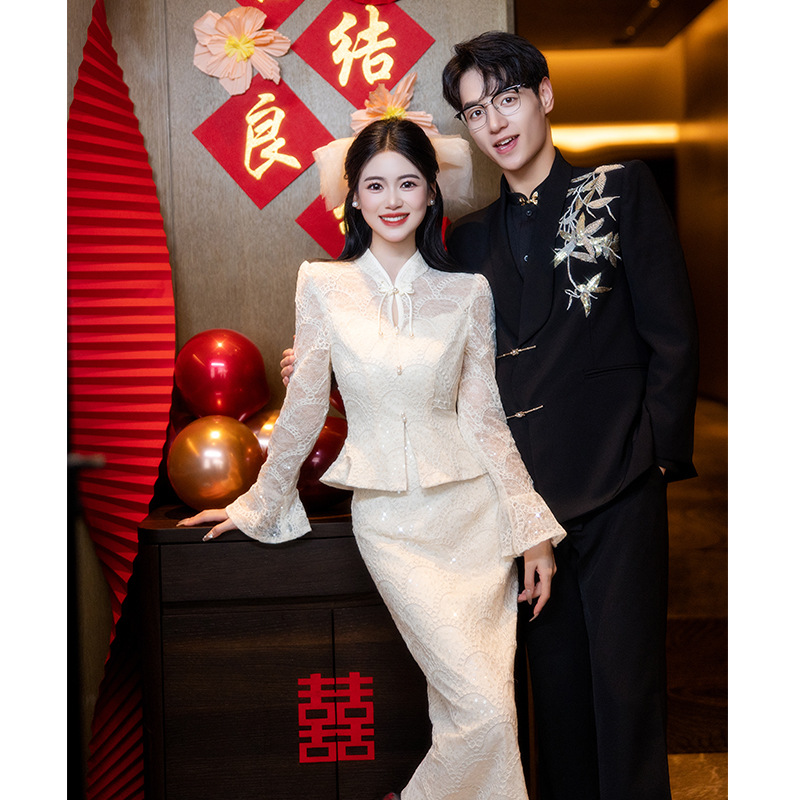 Champagne Engagement Cheongsam Toast Dress Bride's New Chinese Wedding Dress dress High-end Long-sleeved Two-piece Set