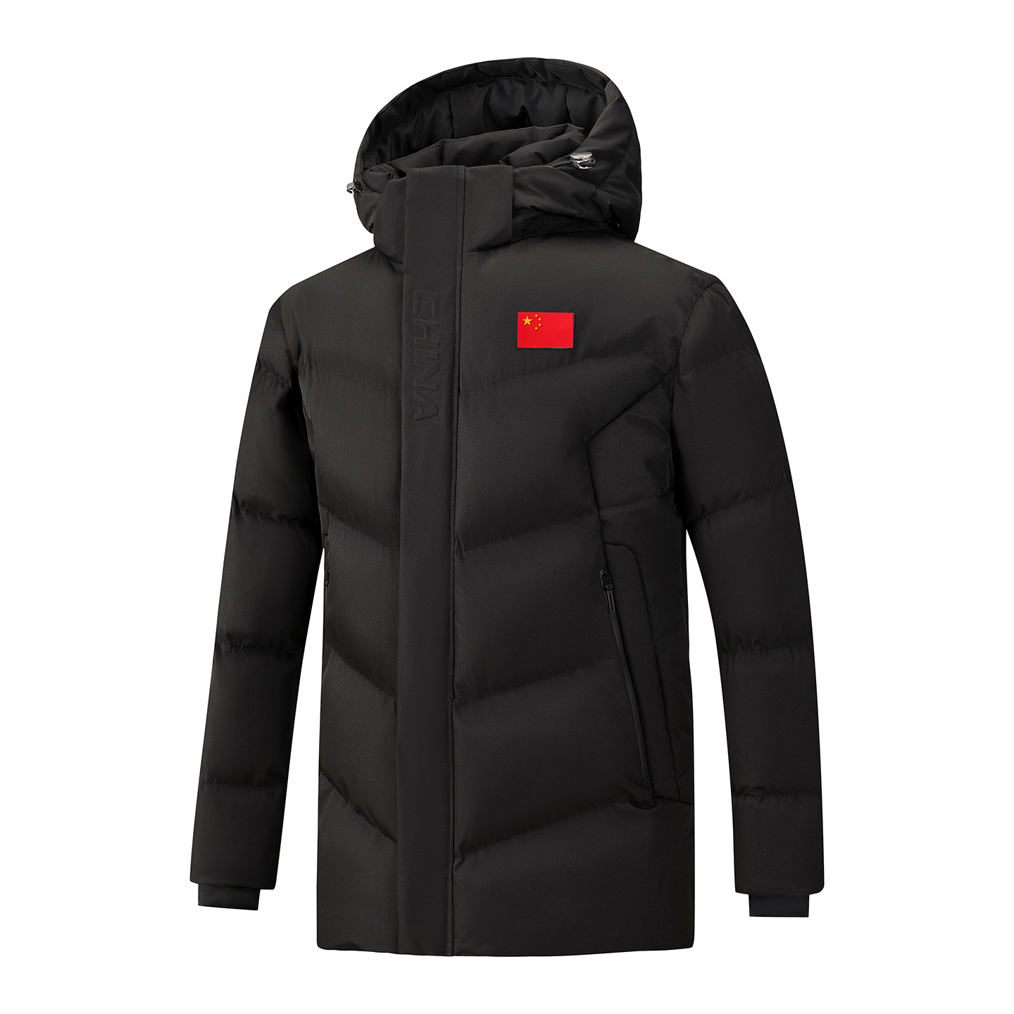 26 styles of thickened cotton-padded winter jackets for couples from China, suitable for outdoor training, providing warmth, with a hood, and in a short style, designed as national team uniforms