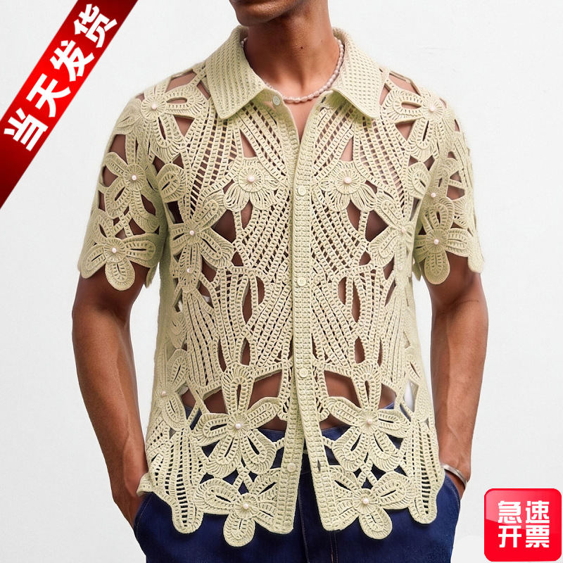 Cross-border men's clothing wholesale, new summer style, men's crochet knit cardigan, collared short-sleeved cardigan, polo shirt SY0210