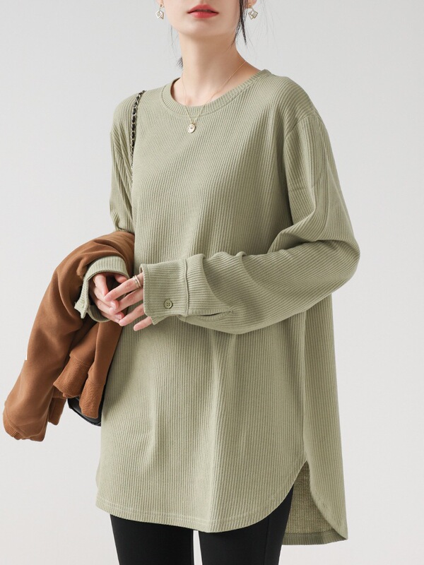 Waffle Knit Long-Sleeve T-Shirt for Women, Spring and Autumn Maternity Inner Wear, Curved Hem Top, Mid-Length Loose Base Shirt Waffle Knit Long-Sleeve T-Shirt for Women, Spring and Autumn Maternity Inner Wear, Curved Hem Top, Mid-Length Loose Base Shirt