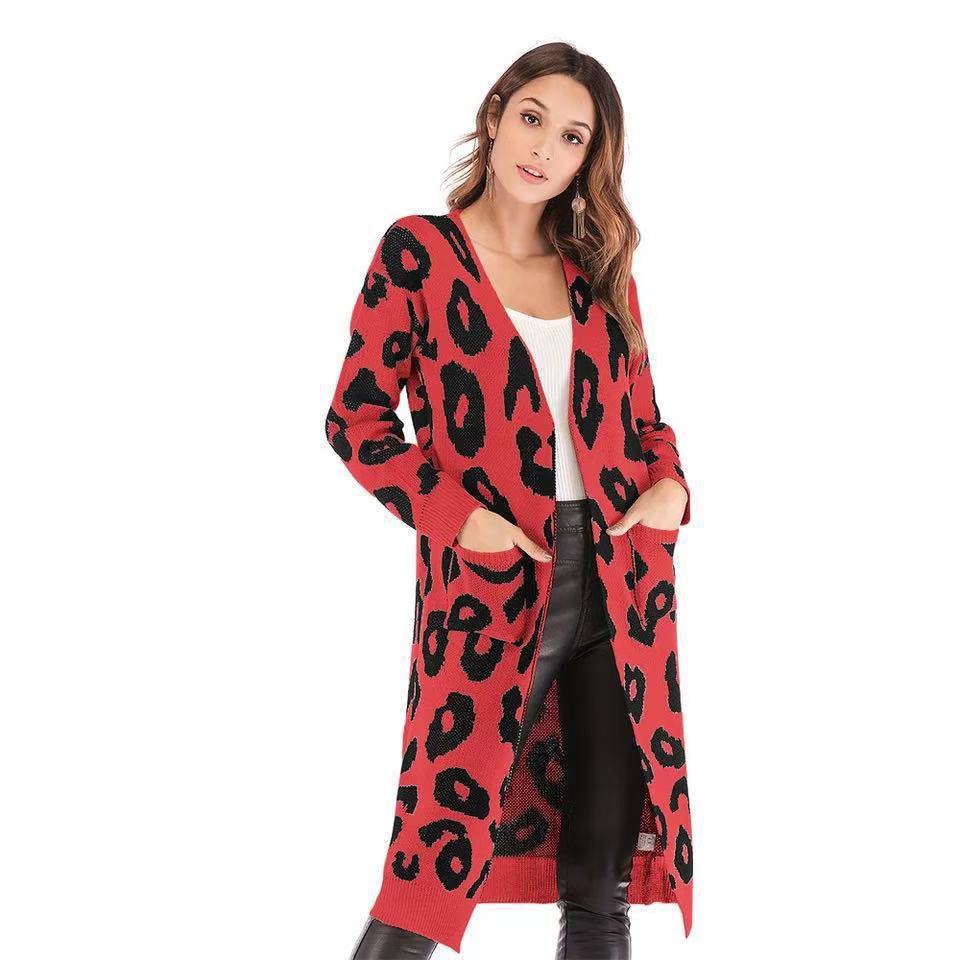 Women's Clothing leopard print sweater loose mid length knitted cardigan top one piece drop shipping_voghion.com