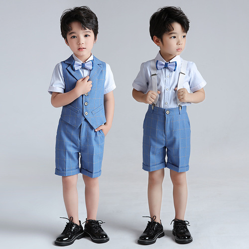 Boys dress suit children's plaid vest three-piece summer 2024 new flower girl host catwalk performance costume
