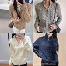 可扫码RL半拉链小马标刺绣针织衫宽松慵懒风毛衣秋冬麻花上衣外穿