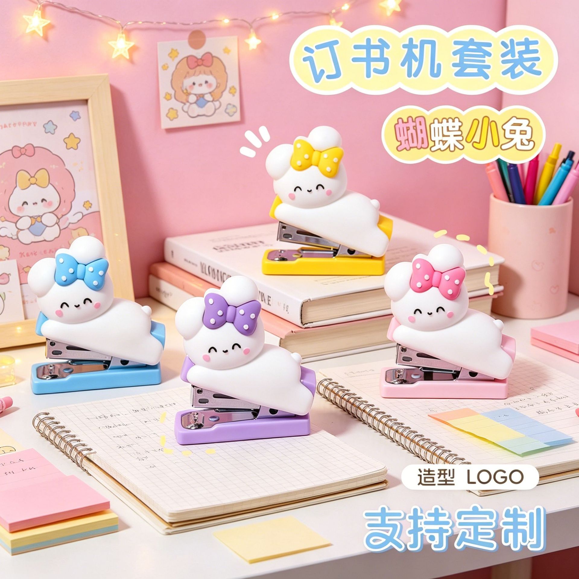 高颜值卡通创意小兔子订书机可爱学生办公便携省力订书器文具批发