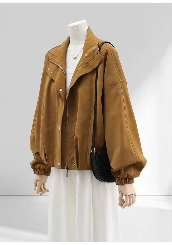 Áo khoác nữ dáng rộng cổ đứng phối lệch phong cách vintage, form suông thoải mái, khóa kéo tiện dụng — Brown Original Vải Nâng cấp chi tiết 9