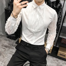 2024春季新款韩版时尚潮流男士长袖衬衫纯色镂空蕾丝拼接修身衬衣