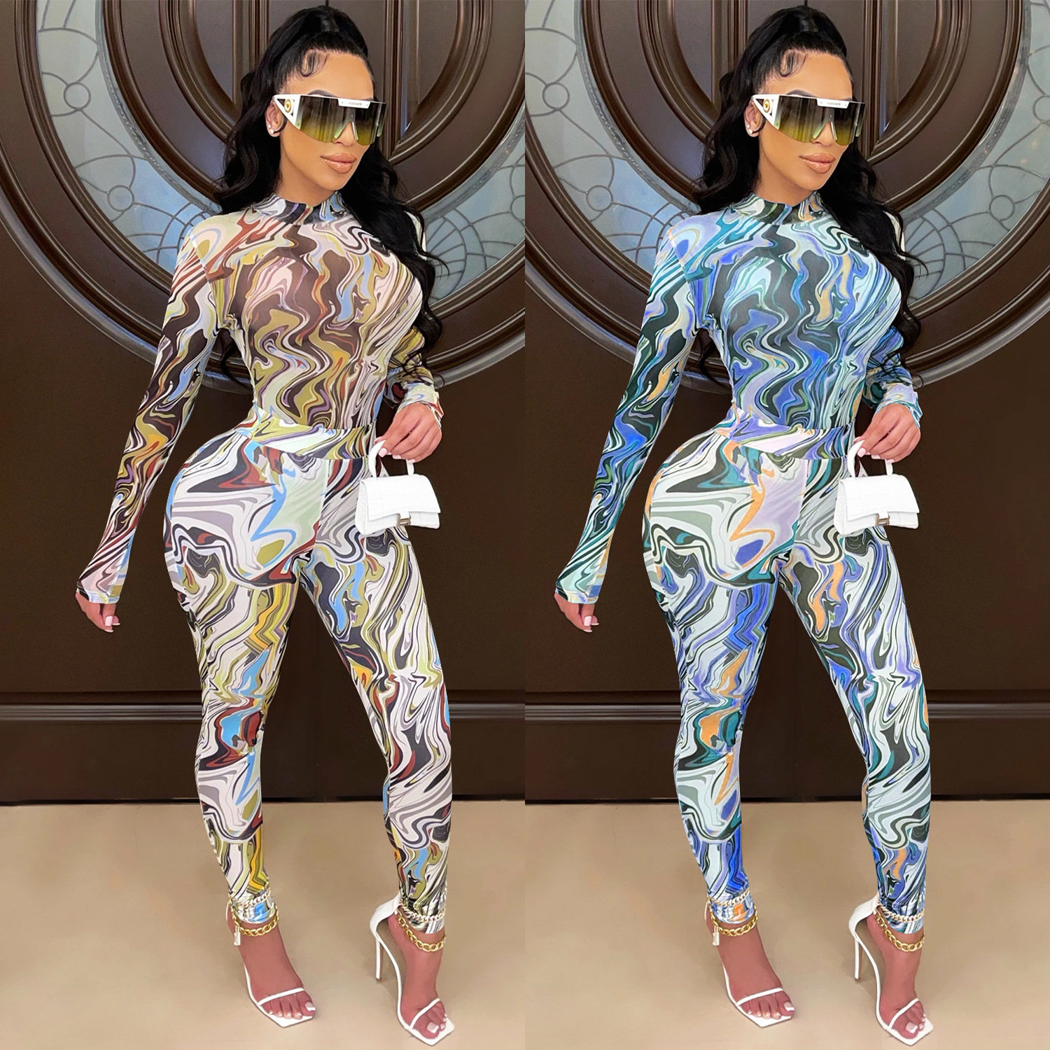 C5505 AliExpress amazonwish moda de mujer pintada pantalones de manga larga ajustada malla de perspectiva de dos piezas