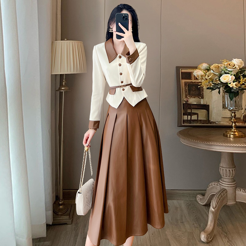Autumn and Winter New High-End Leather Patchwork Chanel-Style Suit 2025 Slim-Fit Waist-Cinching Jacket and Leather Skirt Two-Piece Set