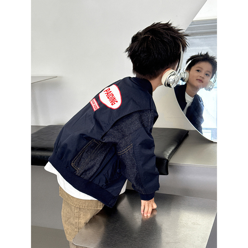 New Style Kidsren's 2026 Autum Casual Style Long-Sleeved Denim Patchwork Letter Patch Embroidered Korean Style Top Jacket