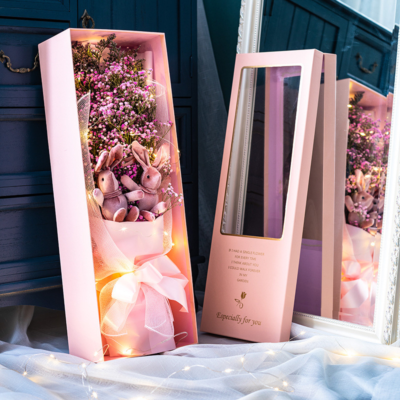 럭셔리 골드 핑크 스타 소원 토끼 60cm 선물 상자-꽃다발+선물 상자+LED 조명