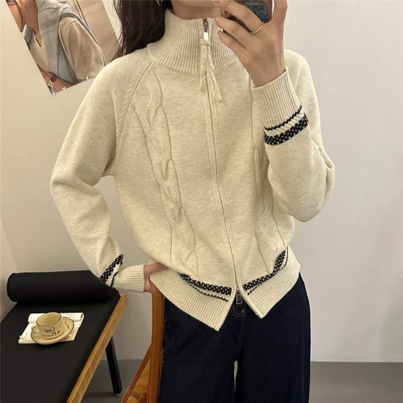 KANING立领慵懒风半拉链针织衫2025秋冬新款女装灰色麻花毛衣外套|undefined