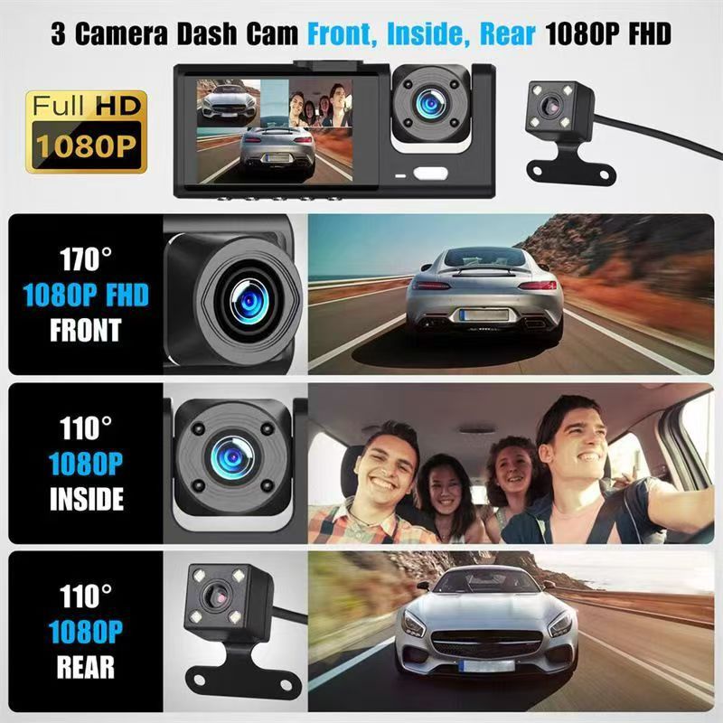 WiFi dashcam with front and rear recording, 1080P high-definition car camera, in-car monitoring, and rearview camera
