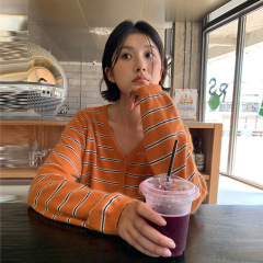 MOXI 十三行女装2025秋季新款韩版V领浣熊毛条纹毛织开衫上衣女