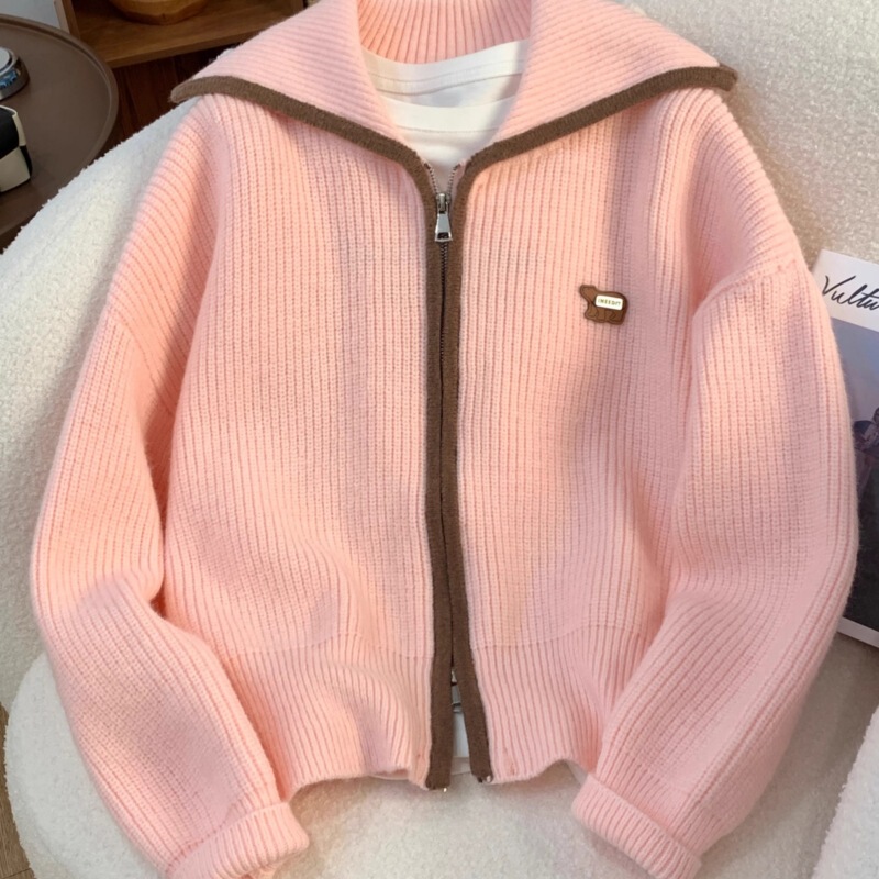 Navy Collar Knitted Cardigan Jacket Pink Zipper Women's Spring and Autumn 2025 New Loose Lazy Style Sweater Top
