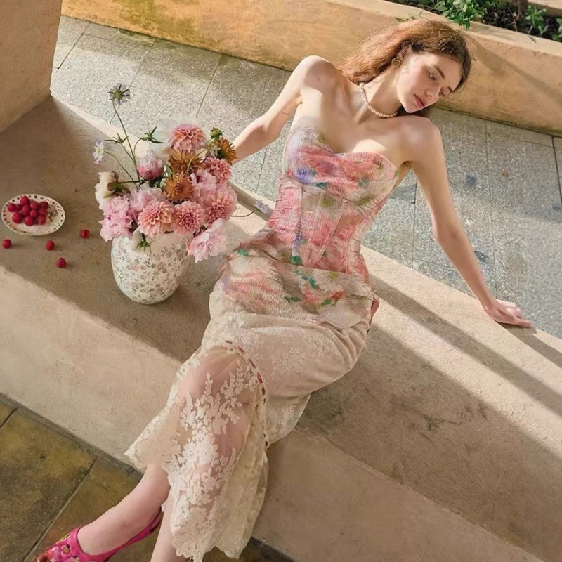 25新款外贸欧美法式甜美浪漫油画感蕾丝显瘦鱼骨胸衣半裙套装夏女|undefined