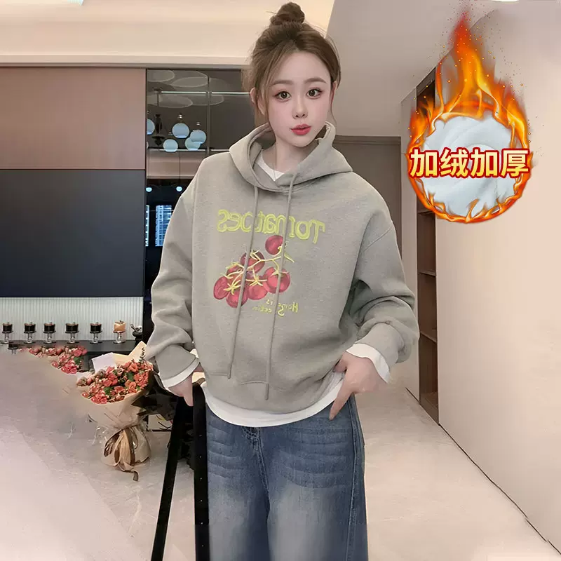 韩系时尚印花加绒套头连帽卫衣女秋冬设计感百搭宽松长袖帽衫上衣