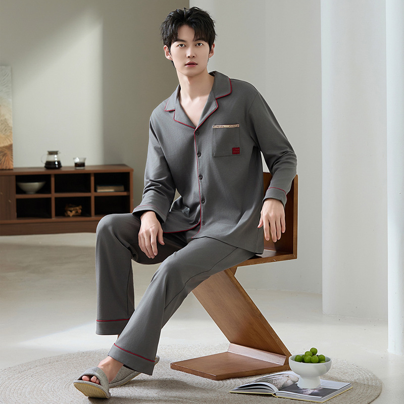 Men's Pajamas Spring and Autum New Pure Cotton Long-Sleeved Cardigan Autum and Winter Large Size High-End Dark Gray Home Clothes Can Be Worn Outside