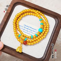 Puzuo Gold Shop の同スタイルサンドゴールドの幸運と祝福のひょうたんターコイズゴールドビーズブレスレット、マルチサークルスタッキング、男性と女性のカップル向け