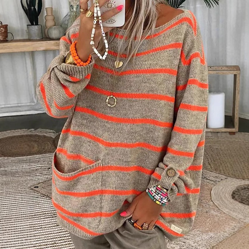 2023 autumn and winter independent station New sweater cross-border European and American solid color contrast color striped pullover round neck loose sweater for women 2023 autumn and winter independent station New sweater cross-border European and American solid color contrast color striped pullover round neck loose sweater for women
