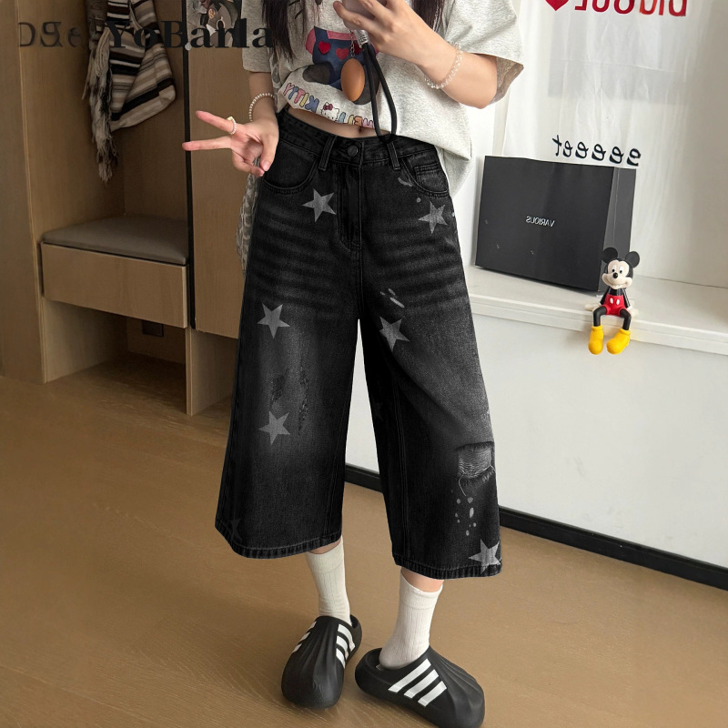 Black Star Print Ripped Denim Capri Pants for Women, Summer New Style, Plus Size, Loose High-Waisted, Slimming Wide-Leg Pants