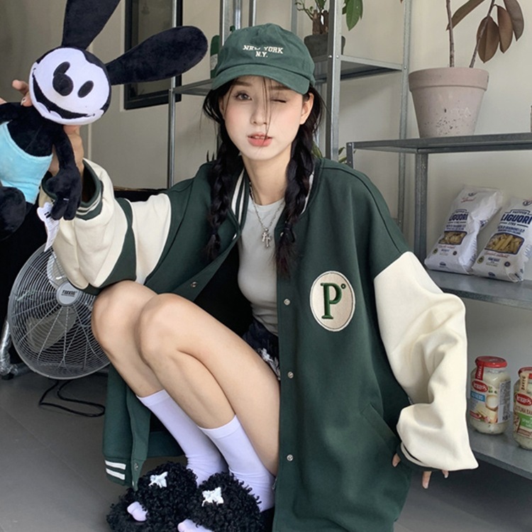 撞色棒球服女秋季2025新款复古宽松中长款字母刺绣BF风长袖外套女|undefined
