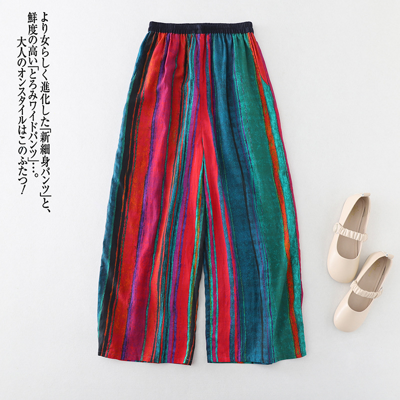 Real Shot of 2025 Summer New Style Literary Casual Holiday Style Stripesd Cotton and Linen Elastic Waist Wide Leg Pants for Women