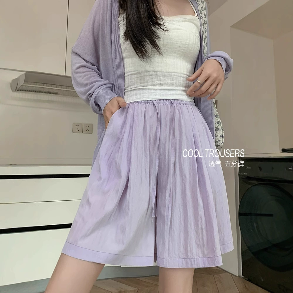 Фиолетовые шелковые хлопковые и льняные шорты для женщин, летние тонкие утягивающие свободные повседневные льняные шорты средней длины с высокой талией и широкими штанинами.