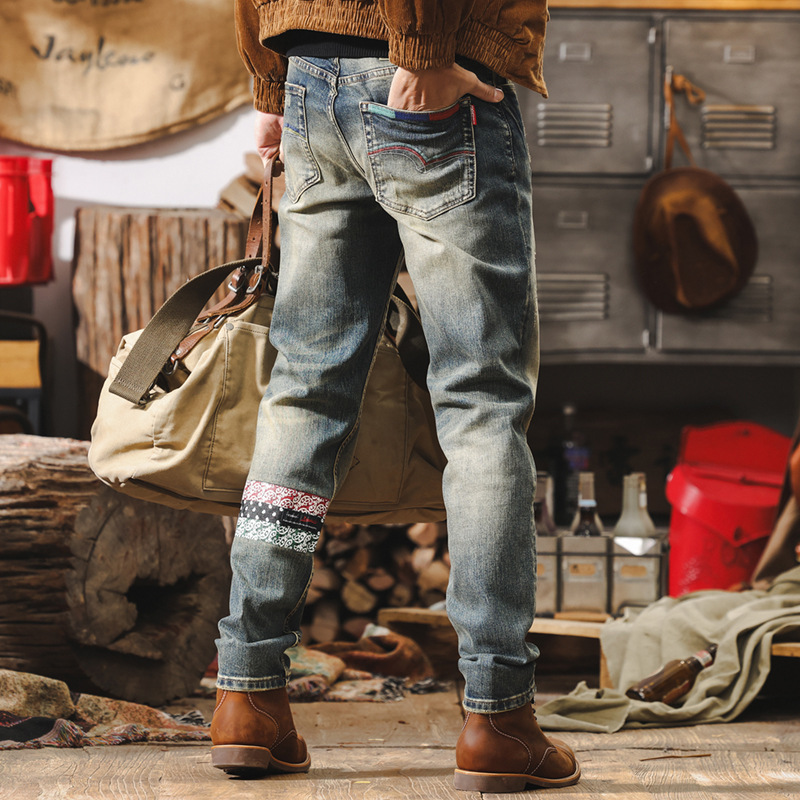 American Retro Tough Guy Western Jeans Men's Autumn New Straight-Leg Biker Stylish Rugged Men's Casual Pants Trendy