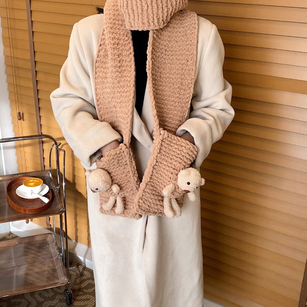 diy编织口袋熊围巾材料冰条毛线小熊围脖成品送男女朋友情侣款