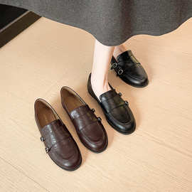 8988-8 英伦风复古圆头乐福鞋女新款百搭一脚蹬布洛克小皮鞋单鞋