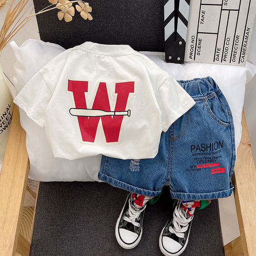 Boys summer suit  new style children's clothes baby boy letter short-sleeved two-piece set trendy summer clothes