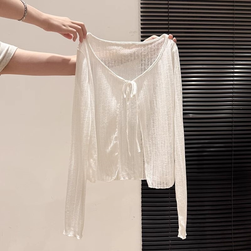 White Thin Hollow-Out Lace-Up Sun-Protective Knit Cardigan for Women, Summer 2026 New Style, Loose Short Outerwear Top