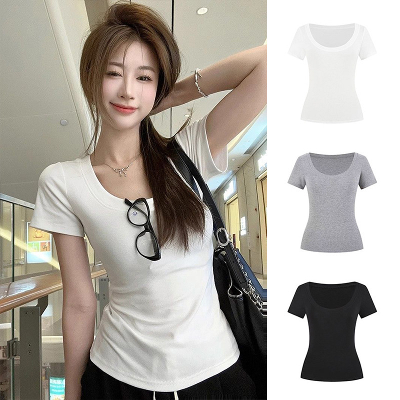 U-Neck Slim-Fit Short-Sleeve Women's 2025 Summer New Korean-Style T-Shirt White Regular Shoulder Base Shirt Foreign Trade Women's Top U-Neck Slim-Fit Short-Sleeve Women's 2025 Summer New Korean-Style T-Shirt White Regular Shoulder Base Shirt Foreign Trade Women's Top