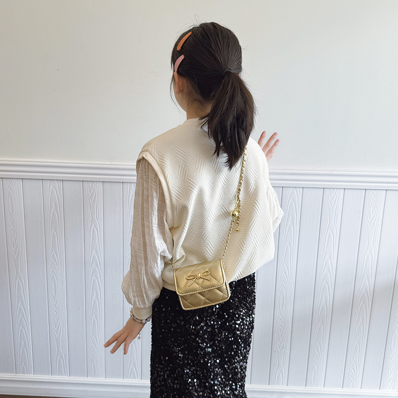 Bolso bandolera de niña con bordado de diamantes de moda, bandolera de bebé mini con lazo dulce, nuevo bolso cuadrado pequeño para niños