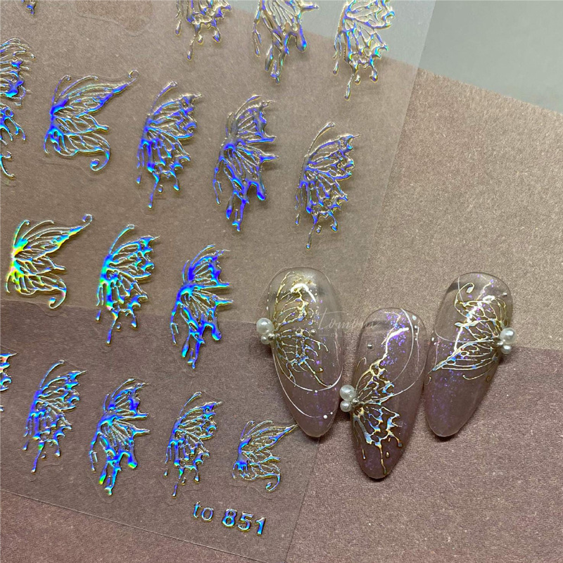 Pegatinas de uñas estrella dorada láser de oro de estilo japonés tridimensional nueva mariposa Rosa pegatinas de uñas huecas ultrafinas