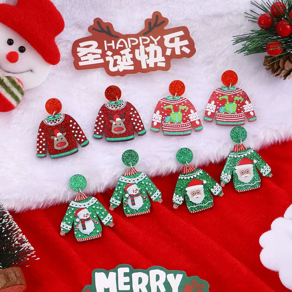 Christmas snowflake elk Santa Claus acrylic earrings creative cartoon design contrast color sweater earrings