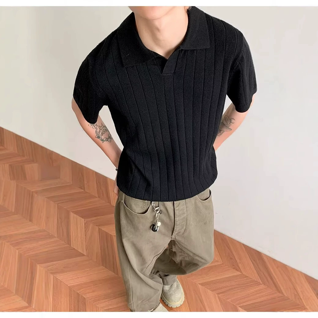 2025 новый стиль в стиле old money, шерстяная смесь, полосатая вязаная футболка с коротким рукавом, однотонная тканая рубашка-поло с V-образным вырезом для мужчин