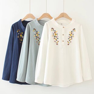 2020 spring long sleeve T-shirt embroidered plus size women's round neck slim fat girl cotton T national style retro fashion top 195
