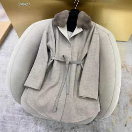 2025秋冬新款 优雅高奢 可拆卸水貂毛领中长款羊毛大衣  批发