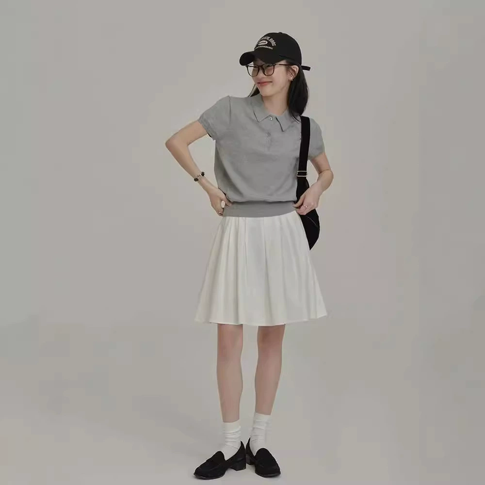 Retro Summer Polo Top, Women's Knitted T-Shirt, French-Style Collar, One Size